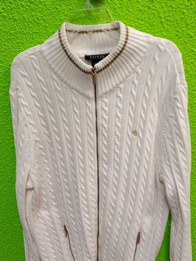 Ralph Lauren Cream Cable-Knit Zip-Front Mock Neck Sweater with Gold Trim